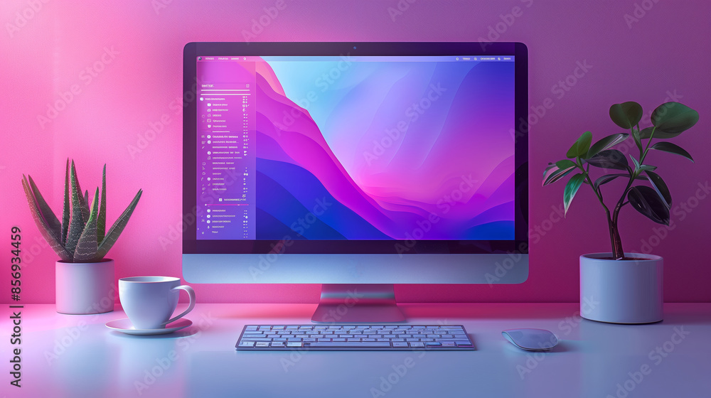 Desktop Computer With Colorful Wallpaper and Plants in a Pink Room Desktop Computer With Colorful Wallpaper and Plants in a Pink Room