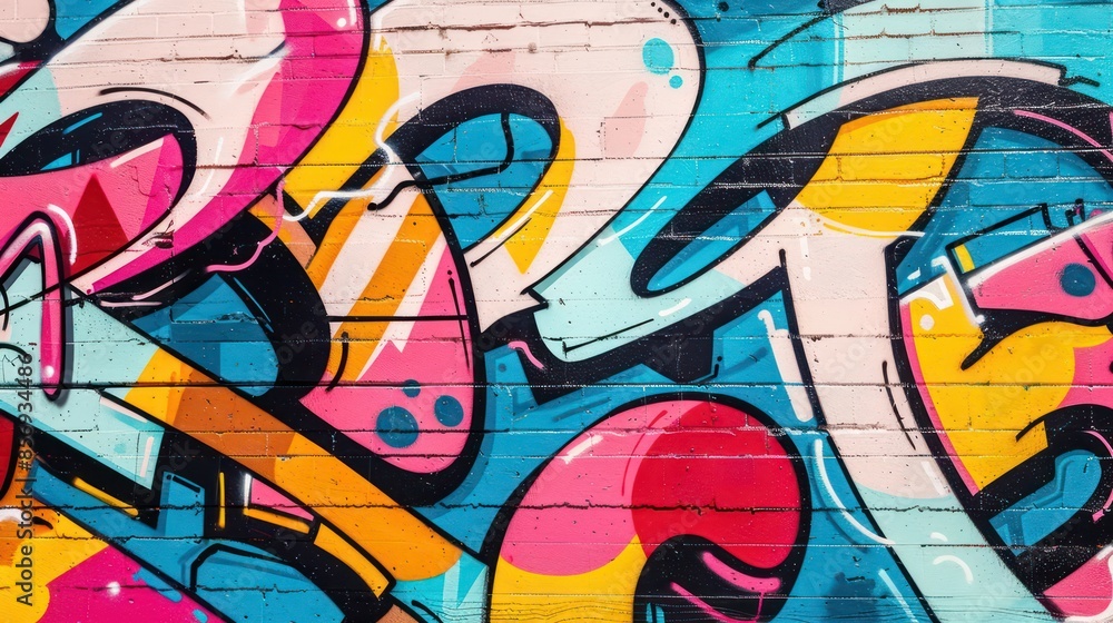 A dynamic graffiti mural featuring an array of vibrant, colorful shapes and abstract patterns painted on a brick wall, capturing the essence of urban street art culture and creativity. A dynamic graffiti mural featuring an array of vibrant, colorful shapes and abstract patterns painted on a brick wall, capturing the essence of urban street art culture and creativity.
