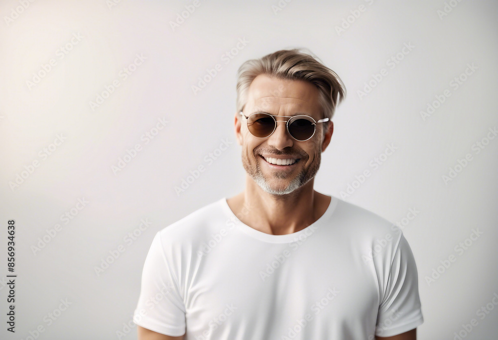 Portrait of happy man in white t-shirt and wearing sunglasses, isolated on white background
Portrait of happy man in white t-shirt and wearing sunglasses, isolated on white background