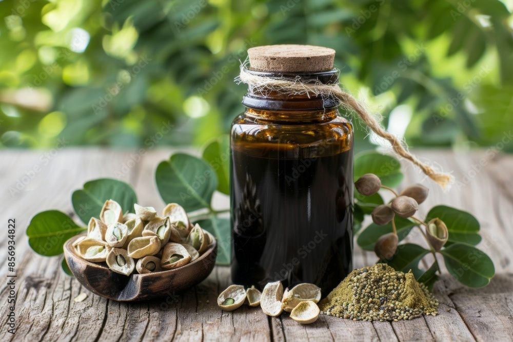 Moringa oil and seeds on wooden background with green leaves Moringa oil and seeds on wooden background with green leaves