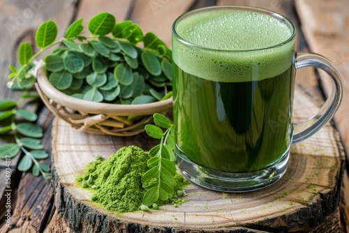 Fresh moringa tea with green leaves on wooden background