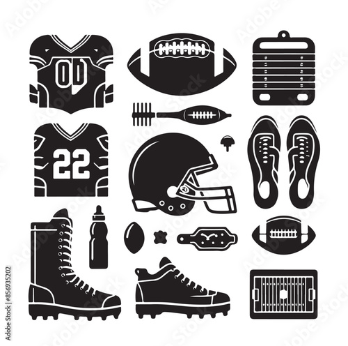 American football sports equipment. Vector sketch illustration. Ball, helmet, uniform t-shirt and protection gear icons, American football, rugby
