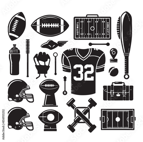 American football sports equipment. Vector sketch illustration. Ball, helmet, uniform t-shirt and protection gear icons, American football, rugby