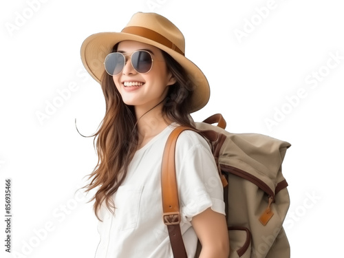 young attractive Asian woman traveler in casual clothes wearing straw hat with backpack isolated on transparent background, Tourist girl having cheerful holiday trip concept