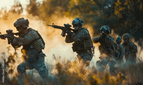 modern soldiers in action with high-tech equipment amidst smoky battlefield at sunset © Nadin Faust