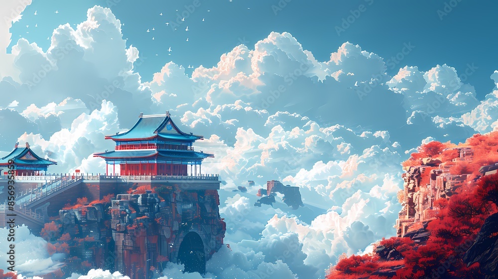 Obraz premium Colorful traditional Chinese ancient architecture illustration poster background