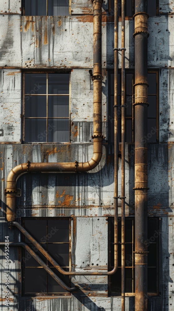 Rusted pipes on an old industrial building wall, urban decay and deterioration Rusted pipes on an old industrial building wall, urban decay and deterioration