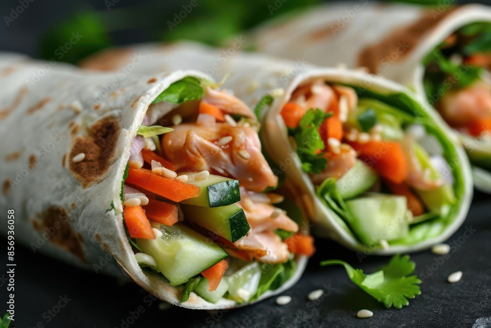 Healthy wrap with fresh vegetables and lean protein, nutritious meal, onthego food Healthy wrap with fresh vegetables and lean protein, nutritious meal, onthego food
