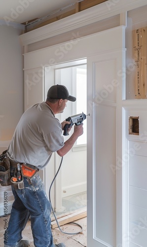 focused worker holding electric drill working on door frame with jeans and work boots photo