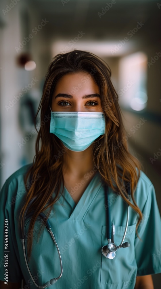 Young female nurse wearing a face mask and scrubs in a hospital corridor, healthcare professional, medical worker, stethoscope around neck.
Young female nurse wearing a face mask and scrubs in a hospital corridor, healthcare professional, medical worker, stethoscope around neck.