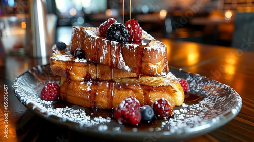 Gourmet french toast with berries and syrup on a plate
