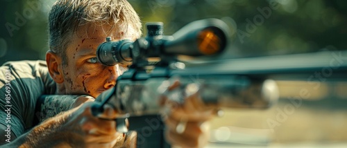 Focused sniper aiming through a rifle scope, in a tense outdoor setting, demonstrating precision and concentration on a target. photo