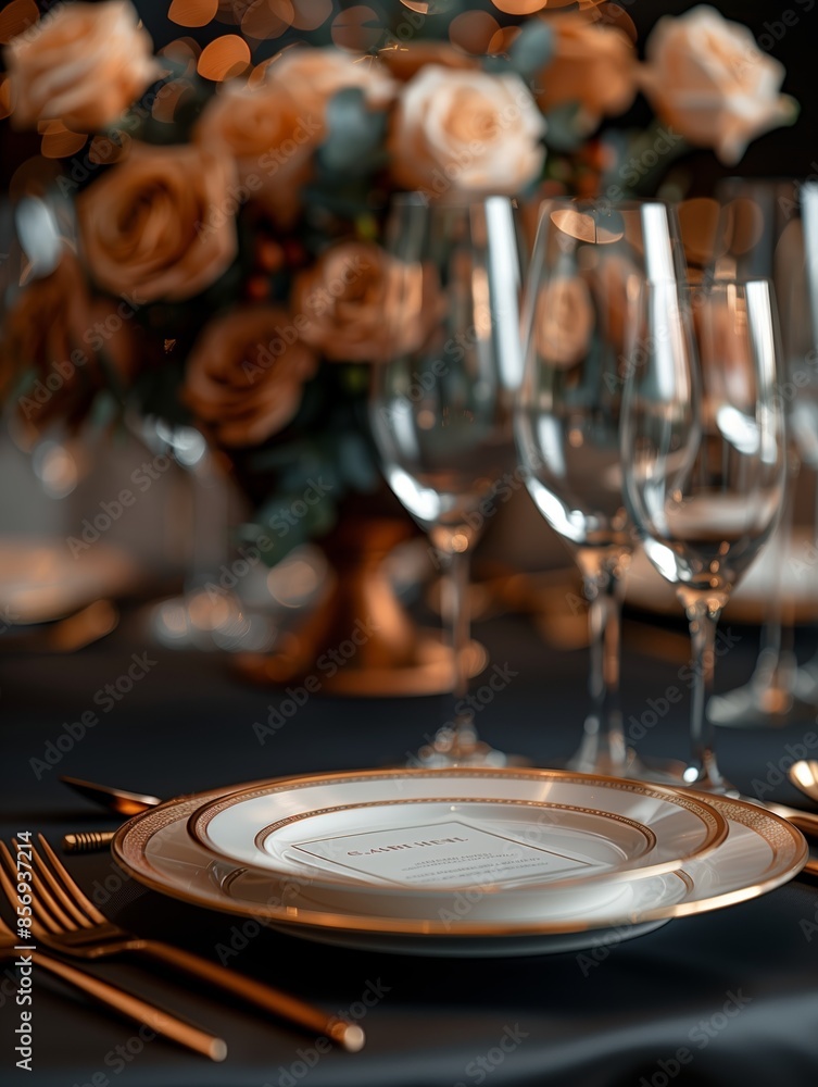 Formal Dinner Table Setting With Rose Centerpiece and Golden Accents Formal Dinner Table Setting With Rose Centerpiece and Golden Accents