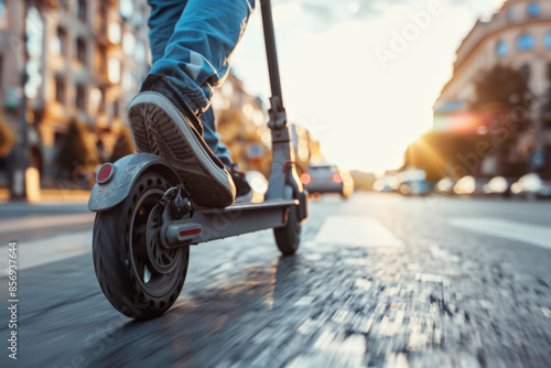 Riding an eco-friendly electric scooter at sunset in the city, a man captures the essence of freedom and adventure in urban life