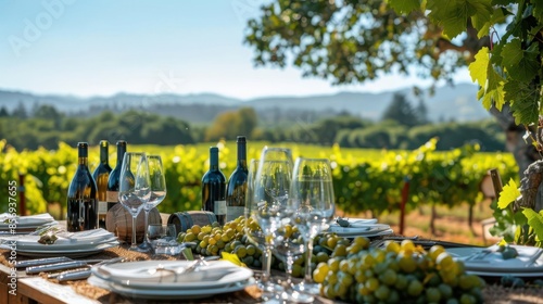 A scenic vineyard setting with a wine tasting table