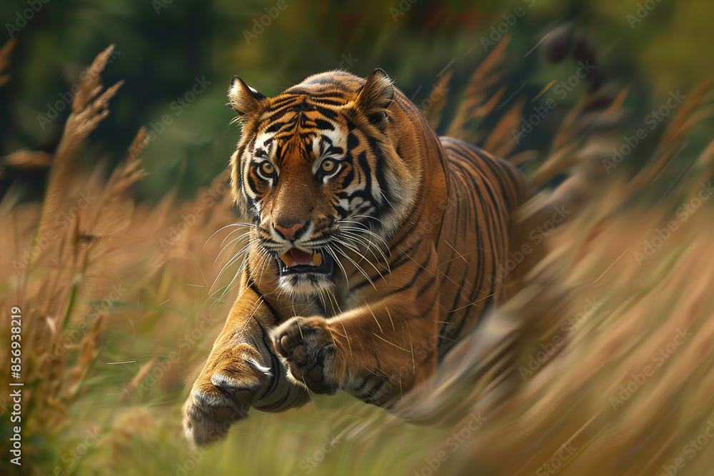 Fototapeta premium A powerful tiger, possibly a Bengal tiger, leaps through tall green swaying grass, its muscles rippling. Wildlife Animals.