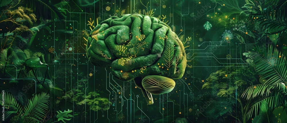 Fototapeta premium A digital illustration of a green brain amidst a lush forest, showcasing the fusion of nature and technology.