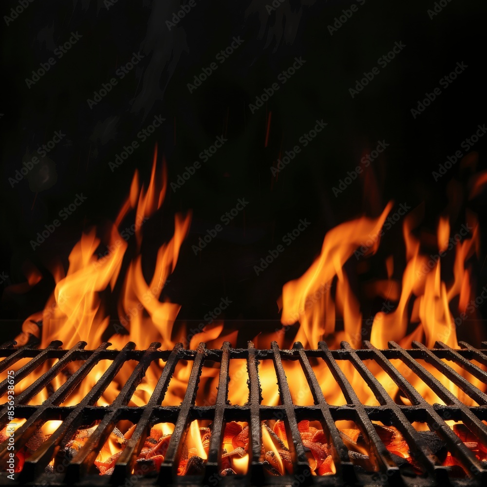 Barbecue Grill With Fire Flames - Empty Fire Grid On Black Background Barbecue Grill With Fire Flames - Empty Fire Grid On Black Background