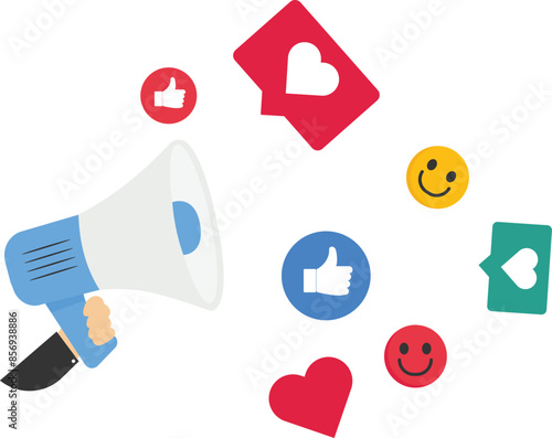 Internet liker, happy social media, like or positive feedback from remote. Megaphone with positive thumbs up symbols.

