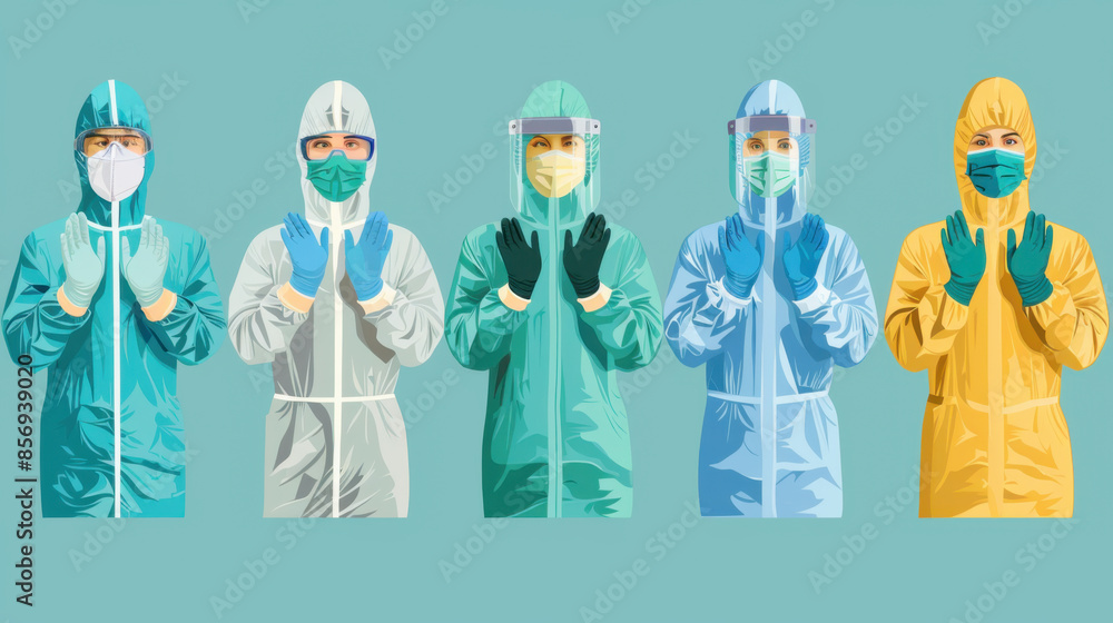 Illustration of medical professionals in personal protective equipment, ready for duty, against a teal background. Illustration of medical professionals in personal protective equipment, ready for duty, against a teal background.