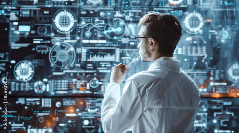 A man in a white lab coat stands in front of a large digital screen filled with data and graphs, thoughtfully considering the information displayed A man in a white lab coat stands in front of a large digital screen filled with data and graphs, thoughtfully considering the information displayed