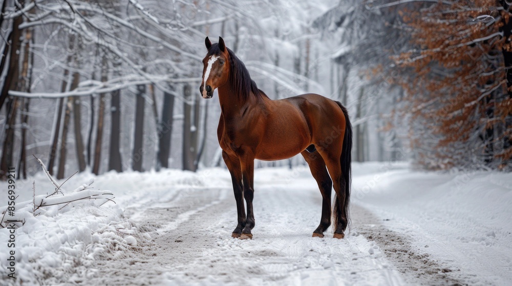 A brown horse stands in the snow on a road A brown horse stands in the snow on a road