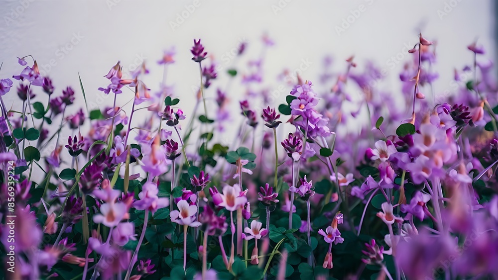 Naklejka premium Purple meadow flowers and clover leaves frame on white background