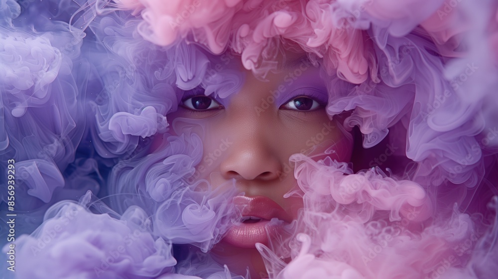 Surreal Woman's Face Surrounded by Colorful Pink and Purple Smoke
Surreal Woman's Face Surrounded by Colorful Pink and Purple Smoke