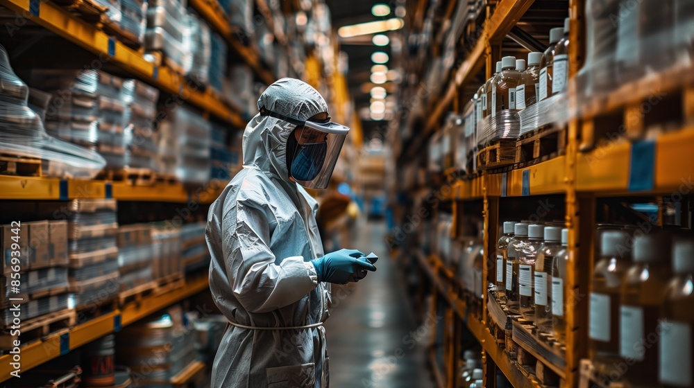A worker clad in a white protective jacket and face mask stands in the middle of an industrial warehouse aisle surrounded by high shelves stocked with boxes. A worker clad in a white protective jacket and face mask stands in the middle of an industrial warehouse aisle surrounded by high shelves stocked with boxes.