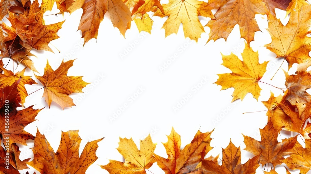 Fototapeta premium Autumn leaves on isolated white background framing copy space in the center. Autumn banner template