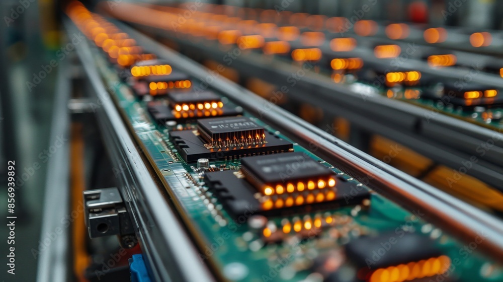 A detailed view of a microprocessor on an automated production line, highlighted by orange illumination from the equipment A detailed view of a microprocessor on an automated production line, highlighted by orange illumination from the equipment