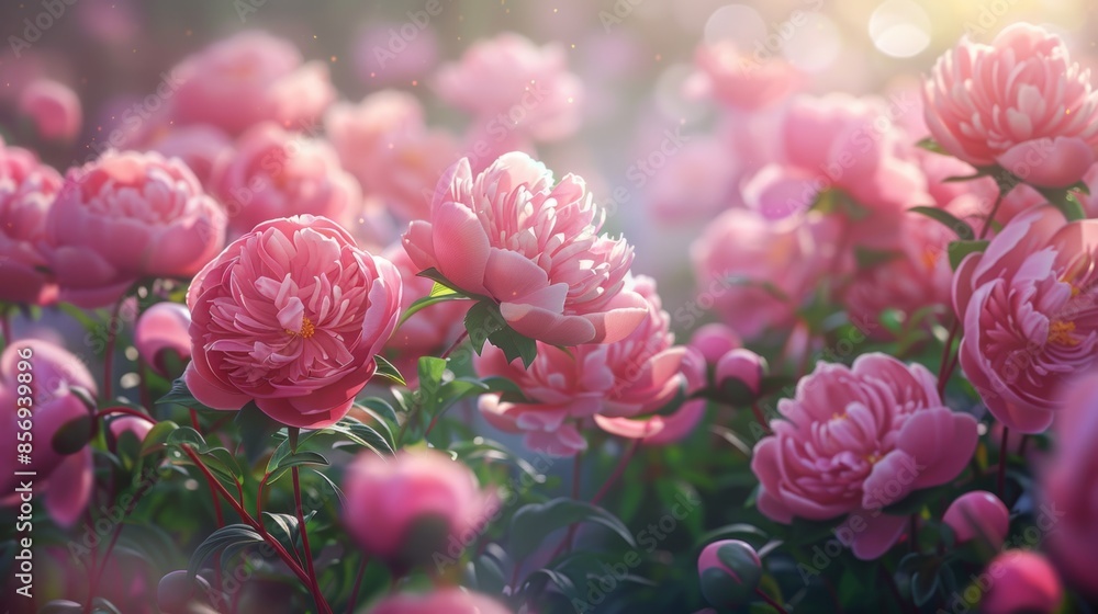 A lush pink peony garden in full bloom, filling the air with its intoxicating fragrance. A lush pink peony garden in full bloom, filling the air with its intoxicating fragrance.