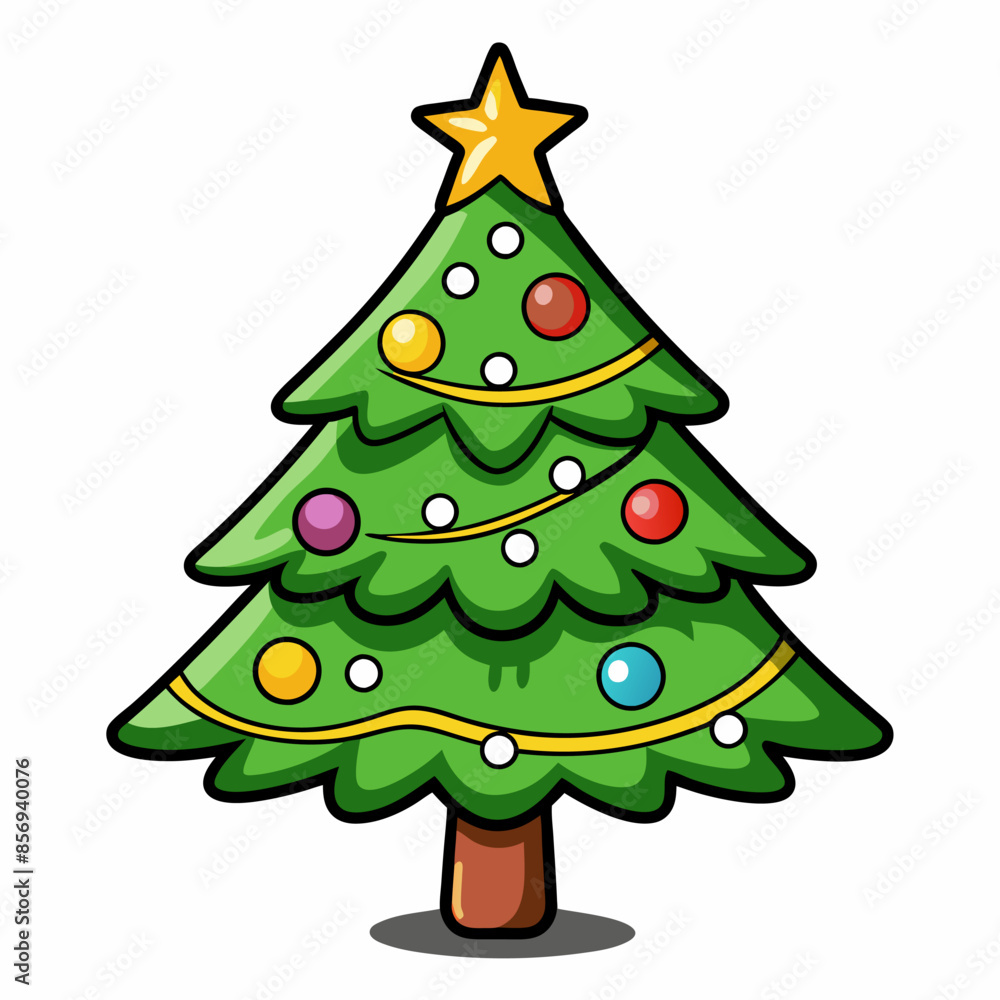 Cartoon Christmas tree with ornaments and star topper, creating a cheerful holiday decoration Cartoon Christmas tree with ornaments and star topper, creating a cheerful holiday decoration
