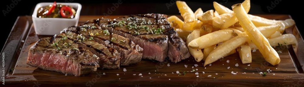 Perfectly grilled steak with a side of golden fries and fresh dip on a wooden platter. Ideal for food lovers and culinary enthusiasts. Perfectly grilled steak with a side of golden fries and fresh dip on a wooden platter. Ideal for food lovers and culinary enthusiasts.