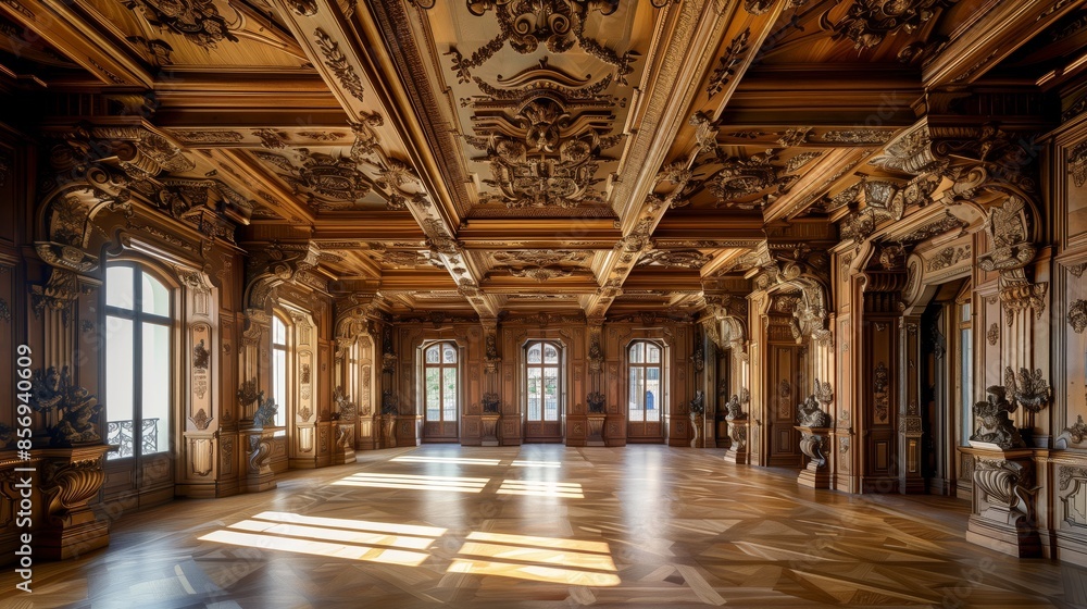 Fototapeta premium A grand ballroom with intricately carved beams exuding luxury, creating timeless elegance and sophistication.