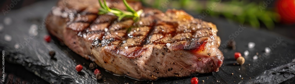Juicy grilled steak seasoned with herbs and spices, presented on a black slate with garnishes. Perfect for culinary and food photography. Juicy grilled steak seasoned with herbs and spices, presented on a black slate with garnishes. Perfect for culinary and food photography.