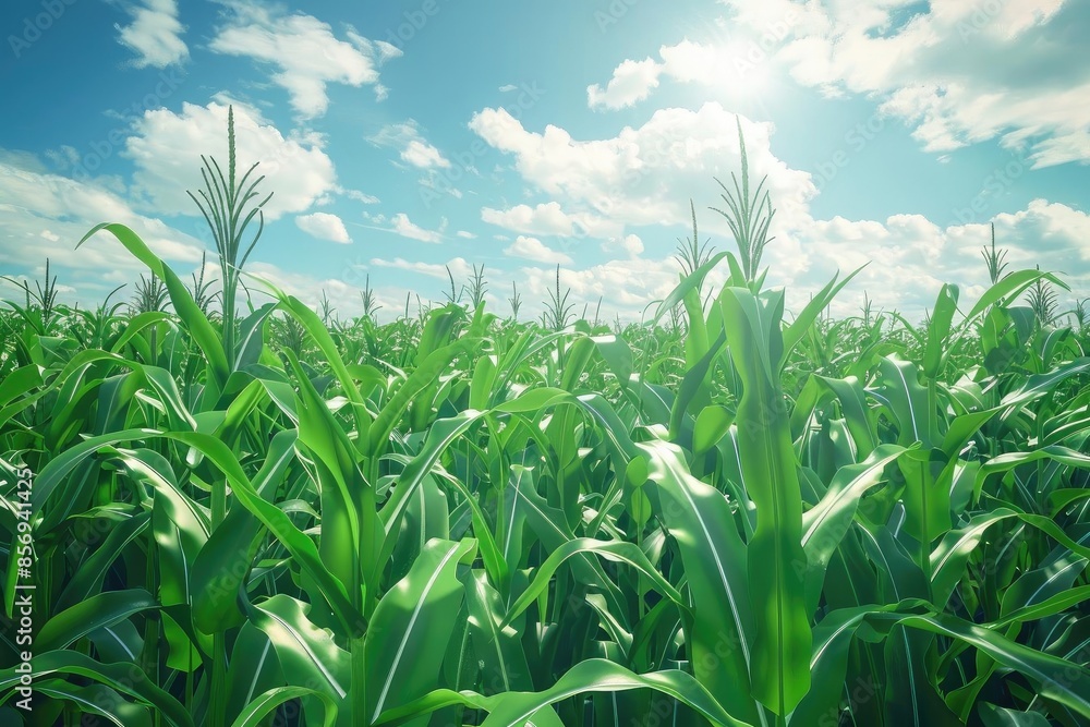 Lush green cornfield under a bright sunny sky with scattered clouds, symbolizing agriculture, growth, and natural beauty. Lush green cornfield under a bright sunny sky with scattered clouds, symbolizing agriculture, growth, and natural beauty.