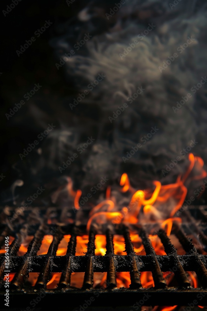 Hot empty portable barbecue BBQ grill with flaming fire and ember charcoal on black background. Waiting for the placement of your food. Close up Hot empty portable barbecue BBQ grill with flaming fire and ember charcoal on black background. Waiting for the placement of your food. Close up