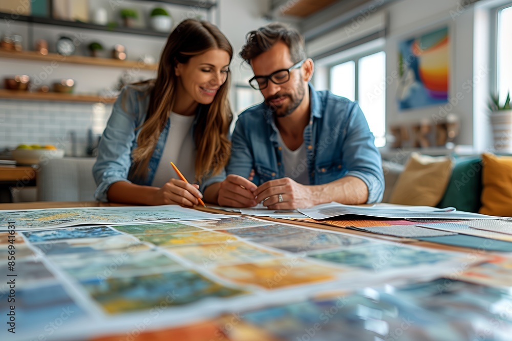 Fototapeta premium Couple Planning Home Renovation Project Together In Modern Living Room