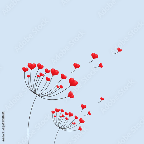 Vector illustration dandelion time. Dandelion seeds blowing in the wind. Hearts Dandelion seeds blowing in the wind. The wind inflates a dandelion isolated in White background.