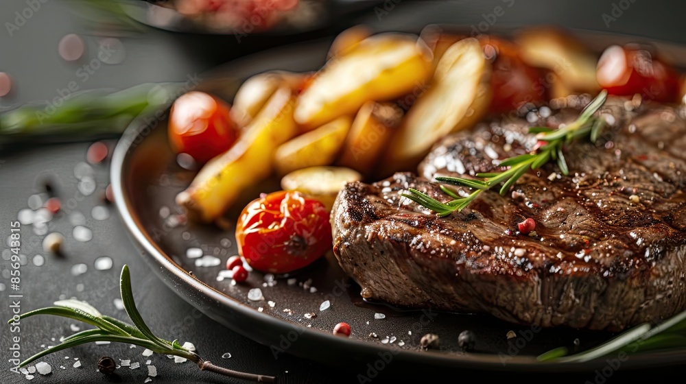 Close-up of a perfectly grilled steak with roasted potatoes and cherry tomatoes, garnished with rosemary and seasoning. Close-up of a perfectly grilled steak with roasted potatoes and cherry tomatoes, garnished with rosemary and seasoning.