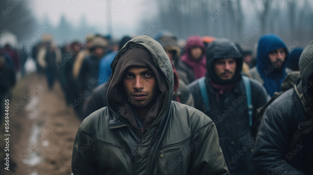 Where is our world going? A young man in a hooded jacket walks with refugees through a cold forest, showing the harsh reality of displacement and uncertainty for millions Where is our world going? A young man in a hooded jacket walks with refugees through a cold forest, showing the harsh reality of displacement and uncertainty for millions