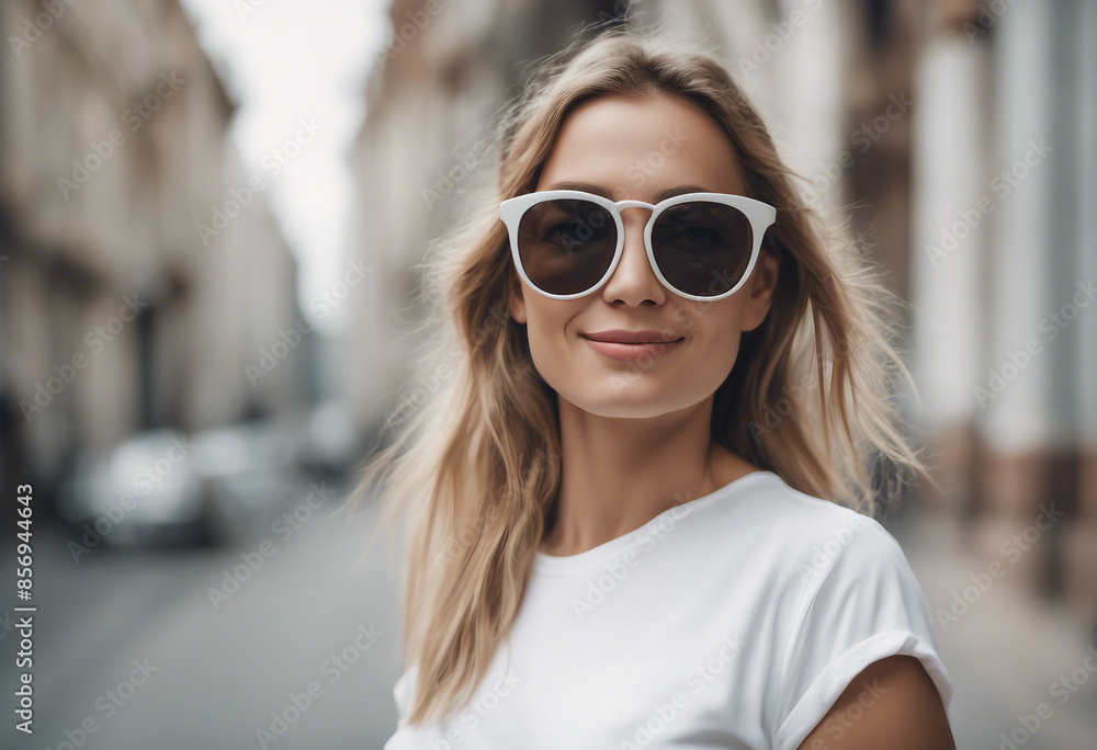 Portrait of happy women in white t-shirt and wearing sunglasses, isolated on white background
Portrait of happy women in white t-shirt and wearing sunglasses, isolated on white background