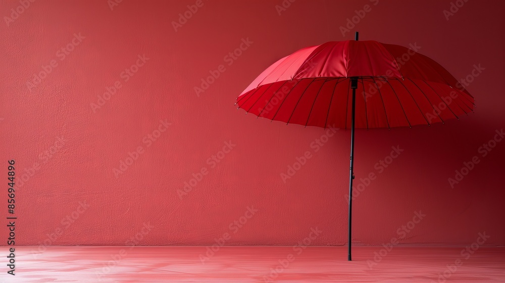 A red umbrella stands alone in front of a red wall A red umbrella stands alone in front of a red wall