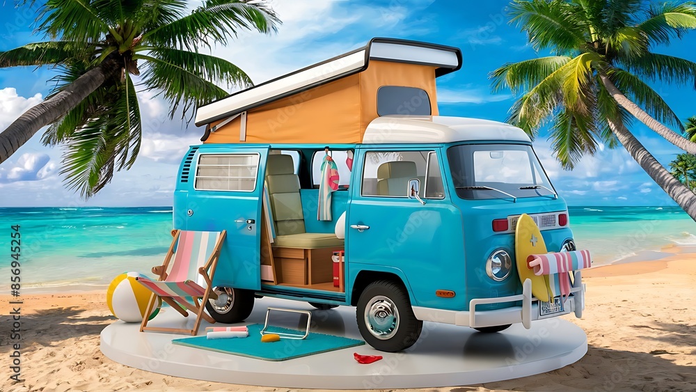 Blue van with deck chair and beach accessory 3D Rendering Blue van with deck chair and beach accessory 3D Rendering