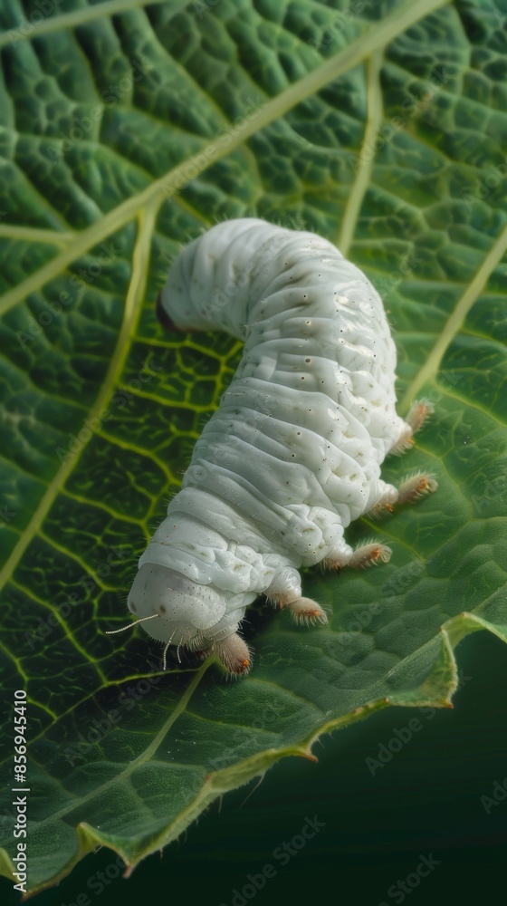 Fototapeta premium White caterpillar crawling on green leaf, close-up view. Nature and insect concept.