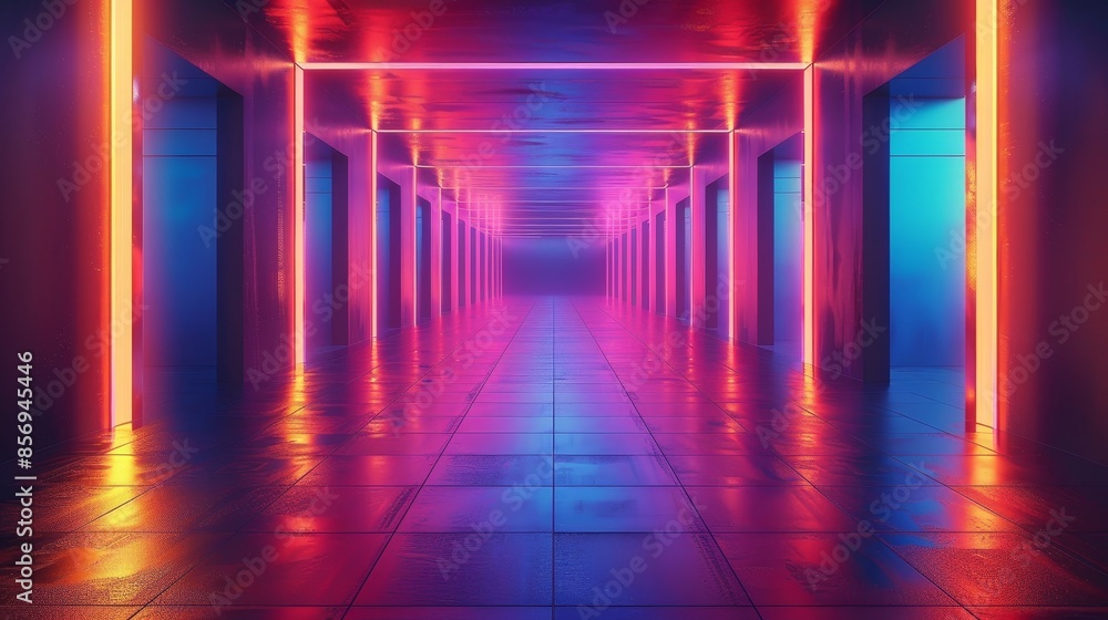 A long hallway with neon lights and a blue and red color scheme A long hallway with neon lights and a blue and red color scheme