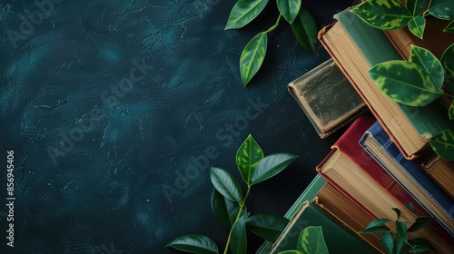 Top view of books on dark background representing World Book Day symbolizing knowledge and creativity during spring and summer with space for writing photo