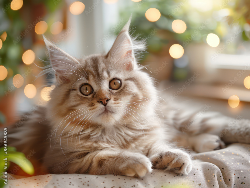 Adorable Fluffy Maine Coon Cat Relaxing Indoors with Sparkling Bokeh Lights in Background, Cozy Home Environment, Perfect Pet Companionship, Beautiful Long Haired Feline with Expressive Eyes Adorable Fluffy Maine Coon Cat Relaxing Indoors with Sparkling Bokeh Lights in Background, Cozy Home Environment, Perfect Pet Companionship, Beautiful Long Haired Feline with Expressive Eyes