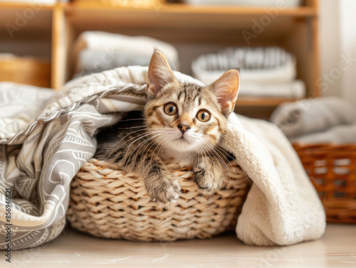 Adorable Tabby Kitten Nestled in a Cozy Wicker Basket with Soft Blankets in a Warm Home Setting by Wooden Shelves, Radiating Comfort, Cuteness, and Serenity, Ideal for Pet Lovers and Cat Enthusiasts photo